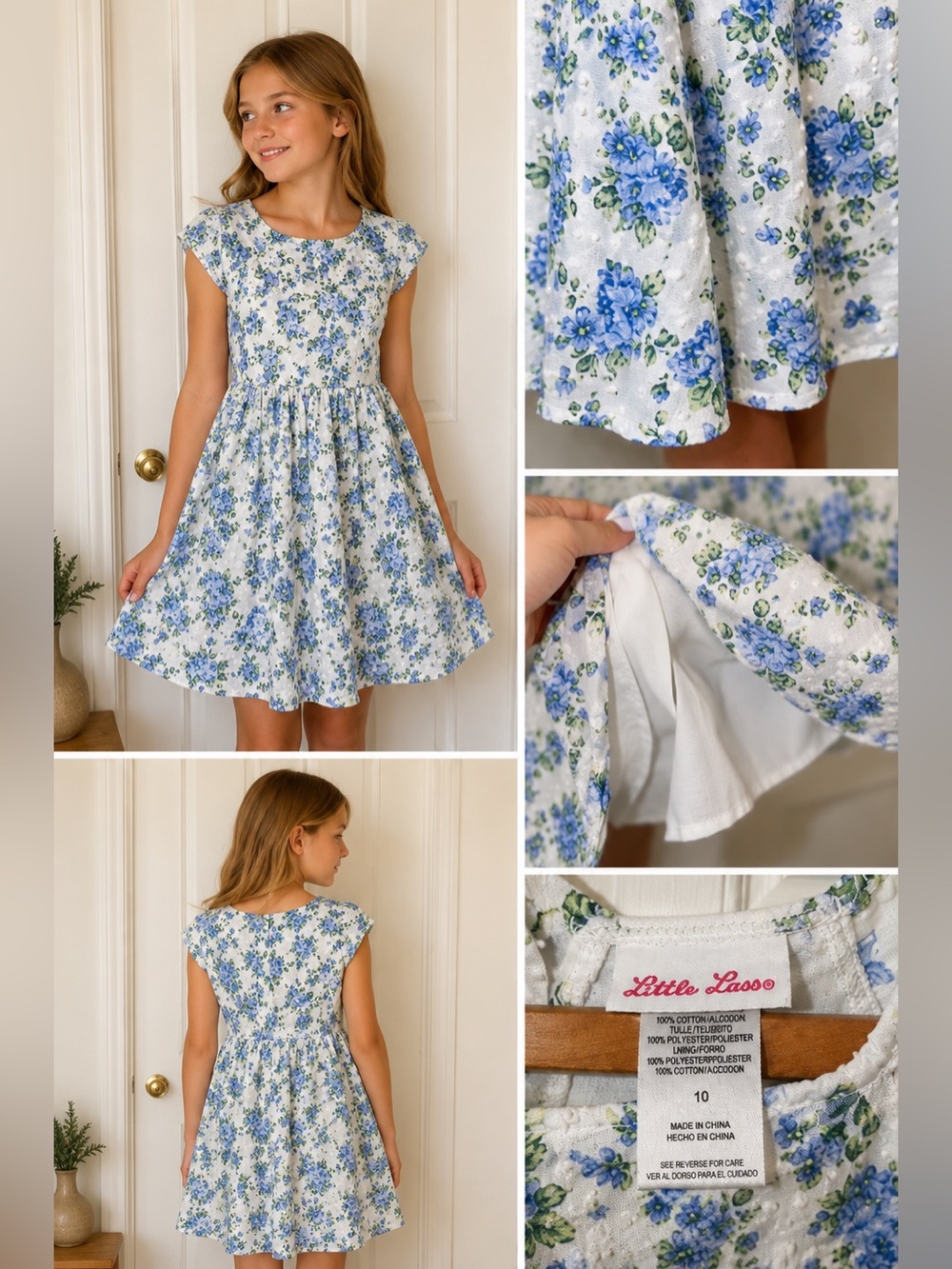 Little Lass White Dress with Blue and Green Floral Pattern